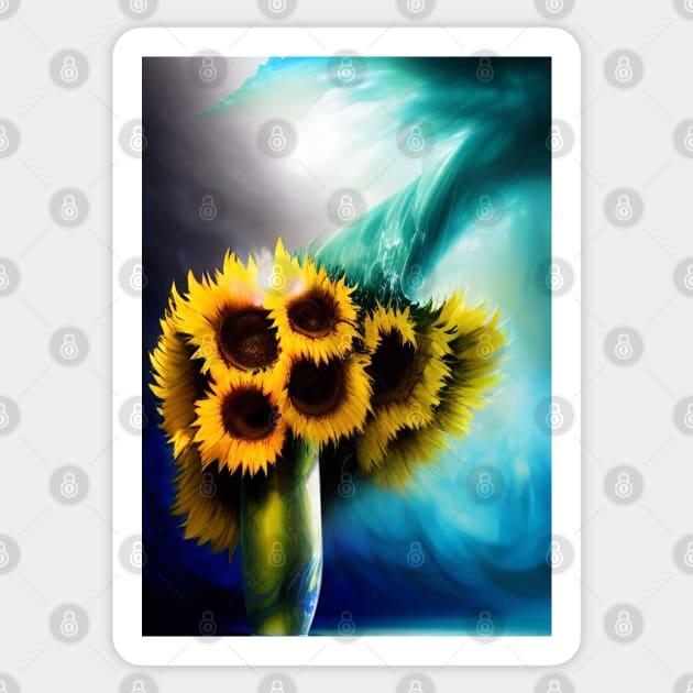 STUNNING CENTREPIECE SUNFLOWERS IN A VASE TEAL BACKGROUND Sticker by sailorsam1805